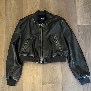 Zara Women's brown vegan Leather Bomber Jacket